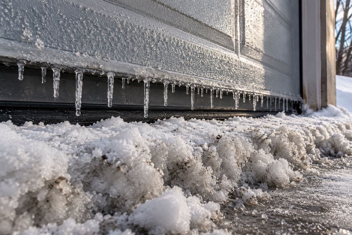 Snow berm and frost pressed against the bottom of a garage door