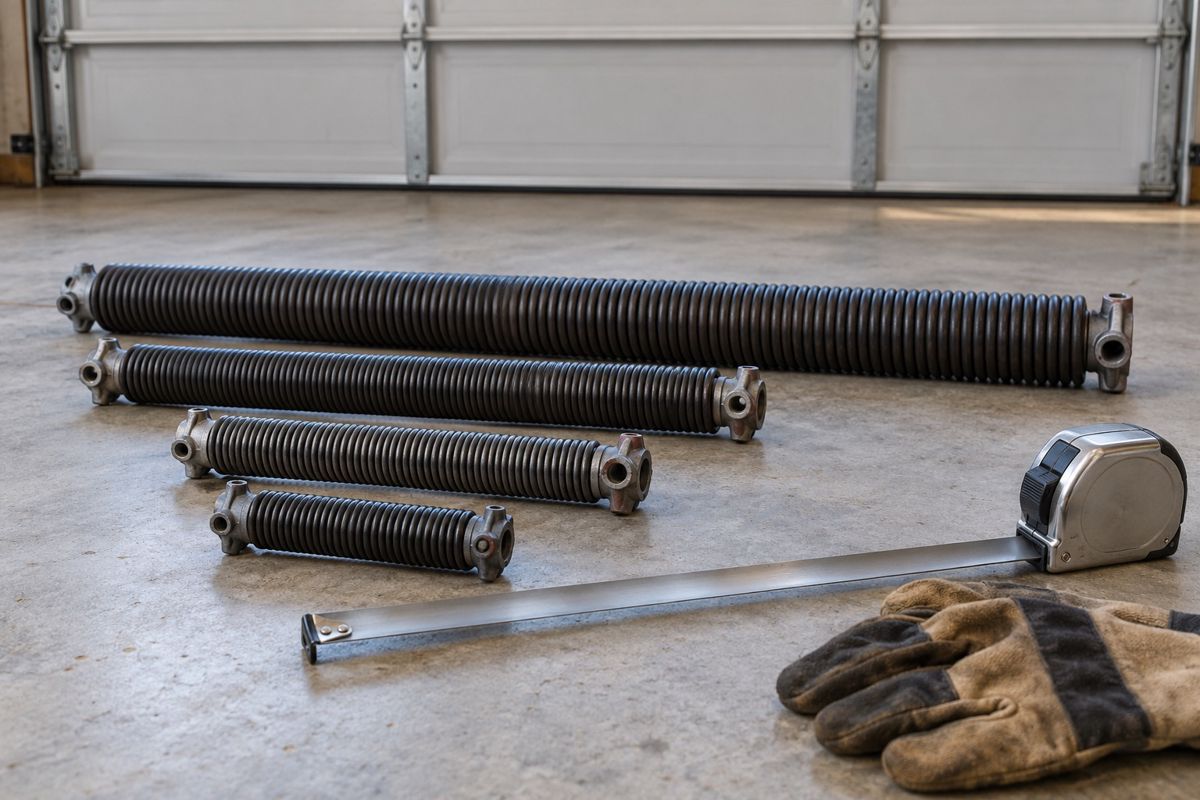 Several new garage door springs of different sizes laid out on a garage floor