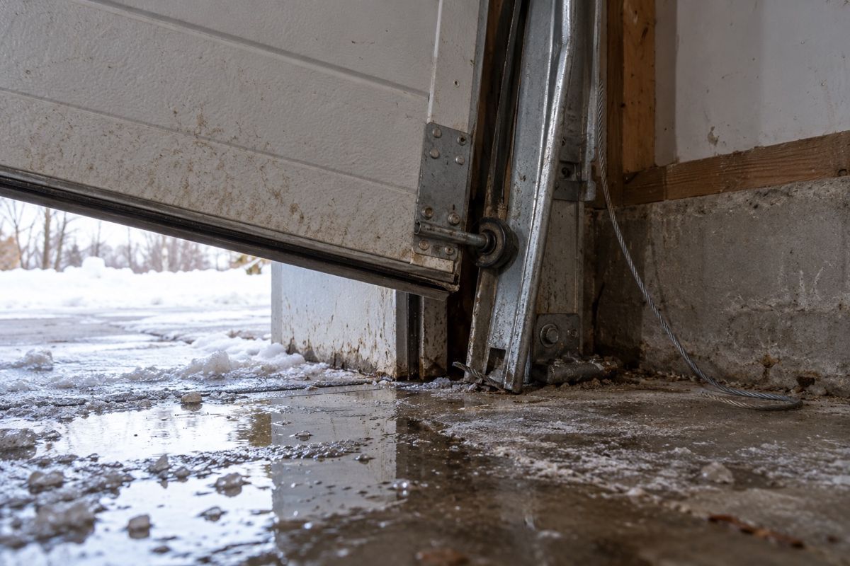 Garage door corner off its bent track with a slack cable and salt-stained floor