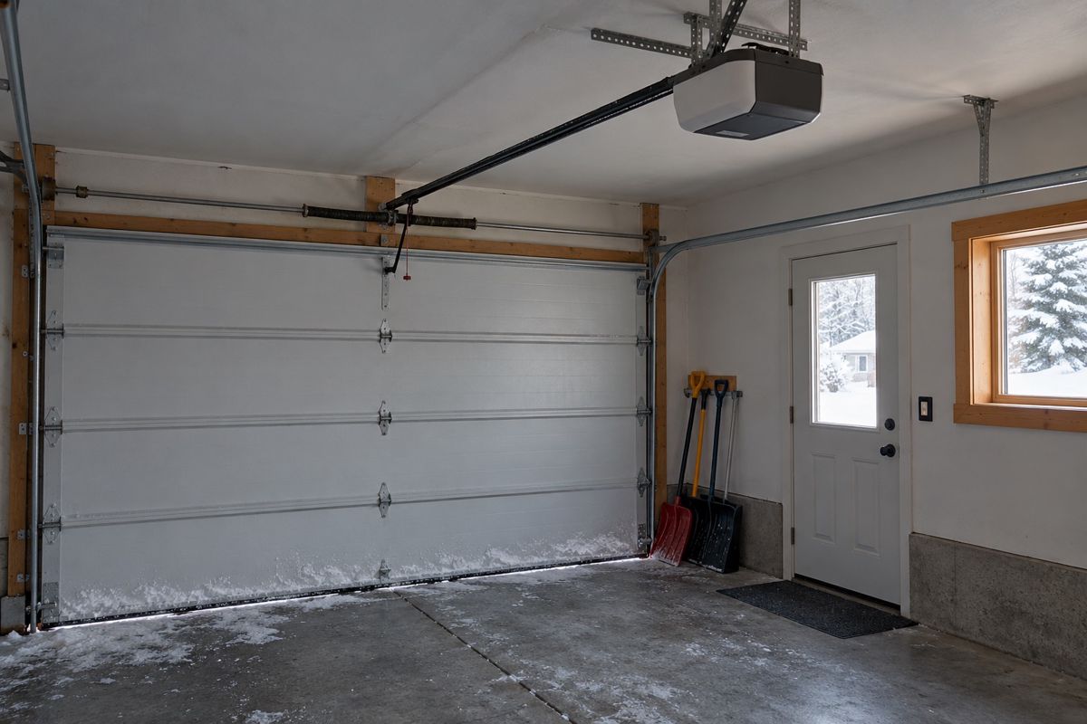 Ceiling-mounted garage door opener in a frosty attached garage in winter