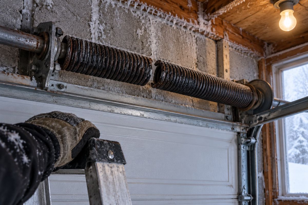 Broken torsion spring with a visible gap above a garage door