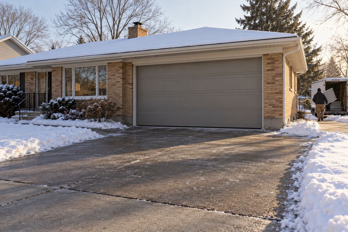 New insulated garage door on a brick house with a shoveled driveway