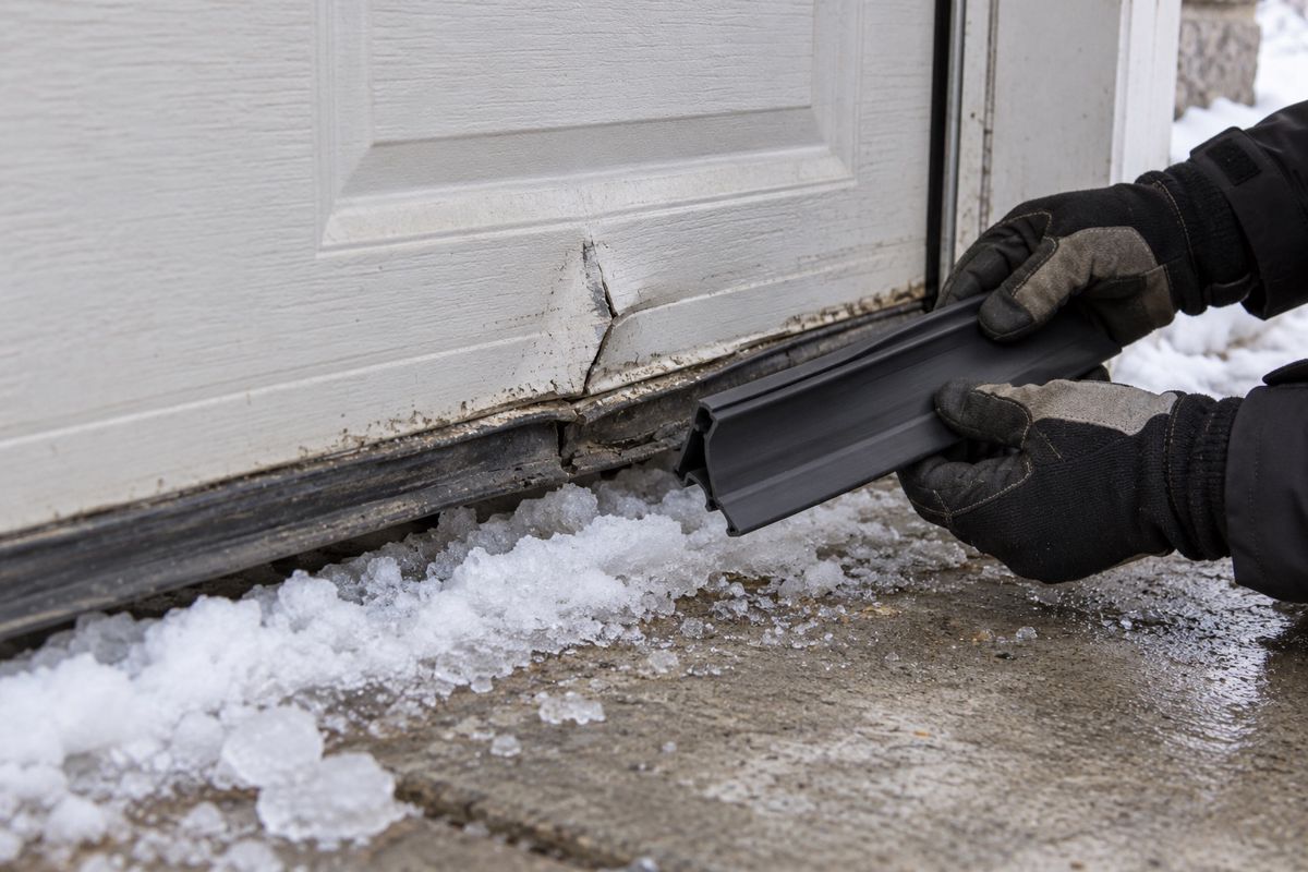 Cracked bottom garage door panel with worn seal and snow at the base